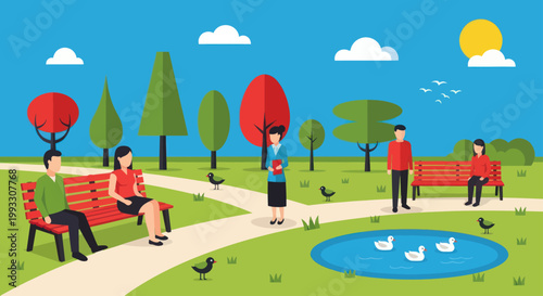 People enjoying a leisurely day in a vibrant park setting.