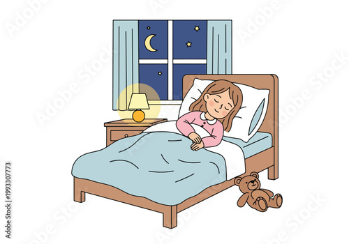 Flat style vector illustration of child sleeping peacefully in bed at night, promoting healthy sleep habits and wellness for kids daily routine care concept
