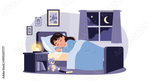 Flat style vector illustration of child sleeping peacefully in bed at night, promoting healthy sleep habits and wellness for kids daily routine care concept
