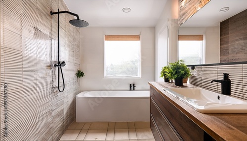 a bright and modern bathroom features a dark wood vanity white subway tile and a bathtub with a rainfall showerhead