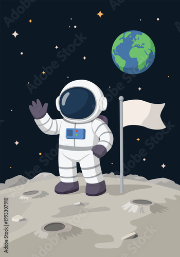 Astronaut standing on the moon surface near a blank white flag in the space