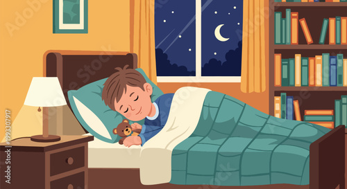 Flat style vector illustration of child sleeping peacefully in bed at night, promoting healthy sleep habits and wellness for kids daily routine care concept