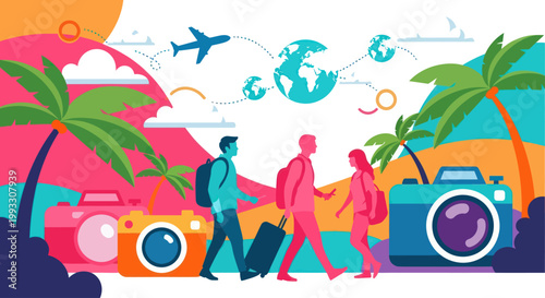 People traveling with luggage and cameras ready for vacation.