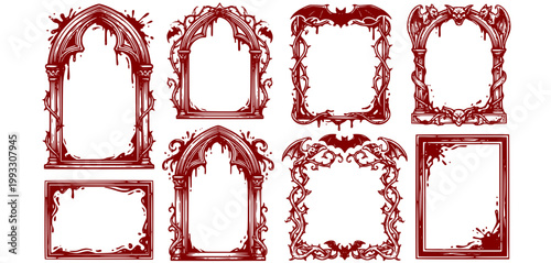 Blood Vintage Gothic Halloween Hand Drawn Border Frame Set Vampire Victorian Horror Decor Blood Drip Medieval Banner Holiday Scary Antique Elegant Splash Frame Vector Illustration