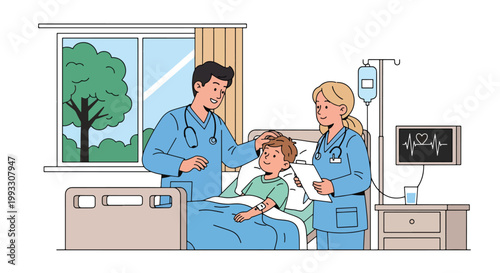 Flat style vector illustration of child in hospital bed receiving care from doctor and nurse, supportive healthcare environment and recovery concept for kids