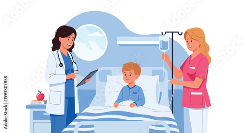 Flat style vector illustration of child in hospital bed receiving care from doctor and nurse, supportive healthcare environment and recovery concept for kids