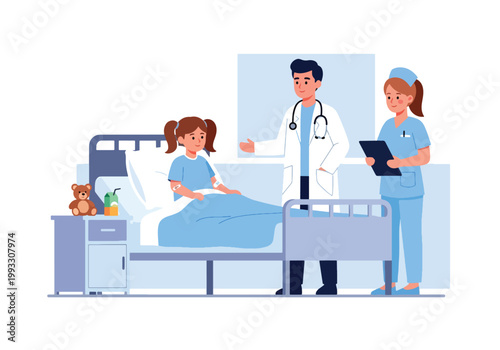 Flat style vector illustration of child in hospital bed receiving care from doctor and nurse, supportive healthcare environment and recovery concept for kids