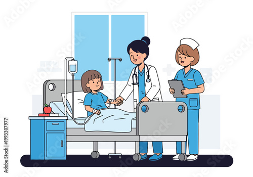 Flat style vector illustration of child in hospital bed receiving care from doctor and nurse, supportive healthcare environment and recovery concept for kids