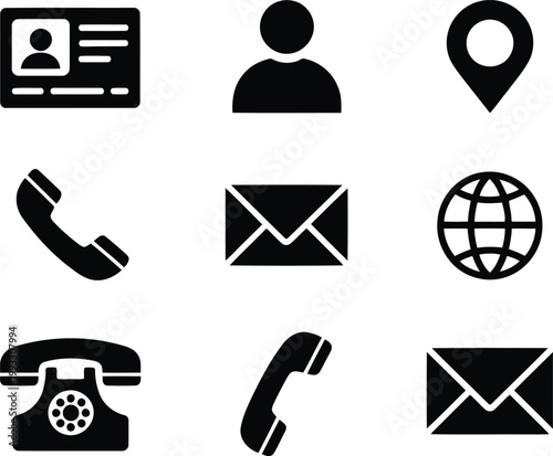 Collection of nine essential dark black contact and communication icons for web and application design elements