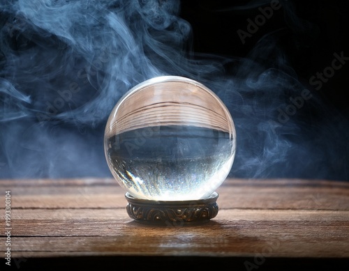 a charming crystal ball rests elegantly on a rustic table enveloped in swirling mist symbolizing mystery and the search for understanding the unknown