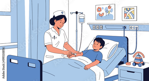 Flat style vector illustration of pediatric nurse caring for child patient with IV drip, hospital treatment and supportive healthcare concept in calm environment