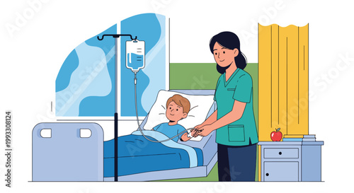 Flat style vector illustration of pediatric nurse caring for child patient with IV drip, hospital treatment and supportive healthcare concept in calm environment