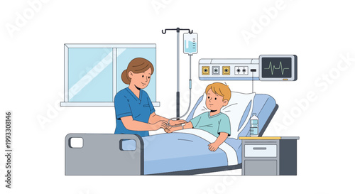 Flat style vector illustration of pediatric nurse caring for child patient with IV drip, hospital treatment and supportive healthcare concept in calm environment