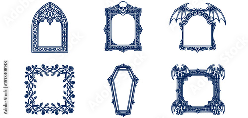Gothic Border Frame Set Iron Scrollwork Arch Skull Finial Bat Wing Top Thorn Rose Vine Coffin Shape Gargoyle Corner Vector Illustration