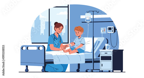 Flat style vector illustration of pediatric nurse caring for child patient with IV drip, hospital treatment and supportive healthcare concept in calm environment