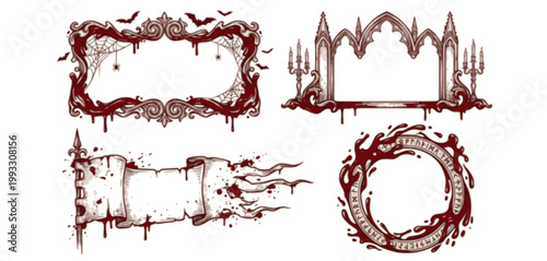 Gothic Border Frame Set Iron Scrollwork Arch Skull Finial Bat Wing Top Thorn Rose Vine Coffin Shape Gargoyle Corner Vector Illustration