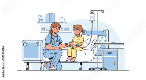 Flat style vector illustration of pediatric nurse caring for child patient with IV drip, hospital treatment and supportive healthcare concept in calm environment