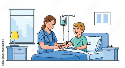 Flat style vector illustration of pediatric nurse caring for child patient with IV drip, hospital treatment and supportive healthcare concept in calm environment