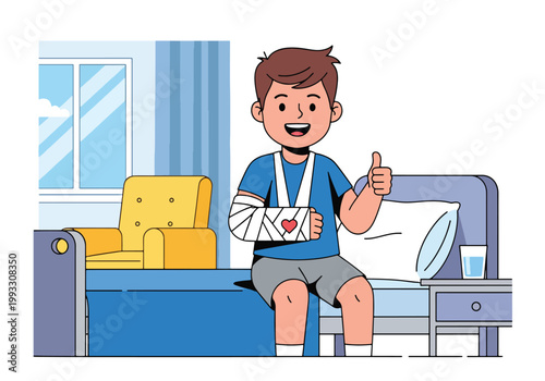Flat style vector illustration of child with broken arm wearing cast and smiling, recovery and resilience concept in kids healthcare and injury treatment