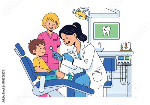 Flat style vector illustration of child visiting dentist for checkup in dental clinic, friendly healthcare environment and oral care education concept