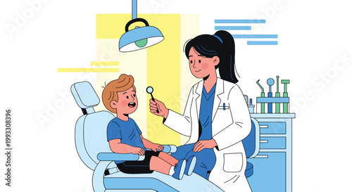 Flat style vector illustration of child visiting dentist for checkup in dental clinic, friendly healthcare environment and oral care education concept