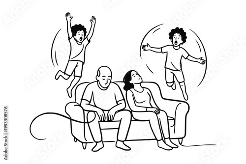 Parents resting on sofa as playful children leap around, simple line style on white background, concept of family fatigue. Concept of maternal and parental burnout