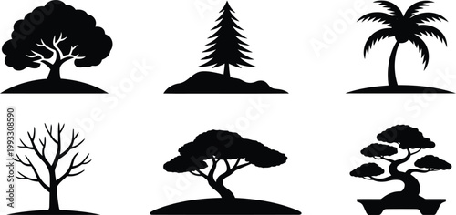 Collection of varied black tree silhouettes featuring a palm, pine, and structured bonsai