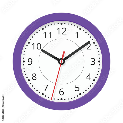 Vibrant purple wall clock with white face and black hands on a clean white background