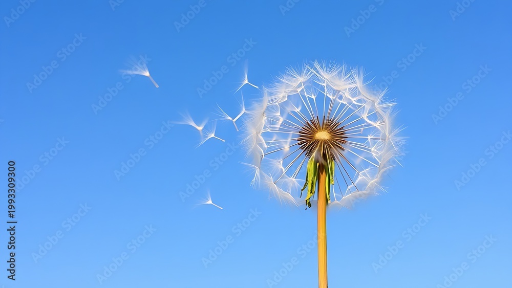 Fototapeta premium Dandelion seeds floating in the wind against a clear blue sky.