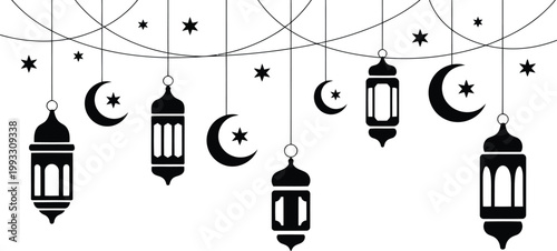 Curved strings suspend black Islamic lanterns, crescent moons, and stars with subtle details
