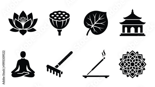 Collection of Zen and meditation icons featuring lotus, pagoda, meditating person, rake, and mandala. Perfect for wellness, yoga, spa, and spiritual designs.