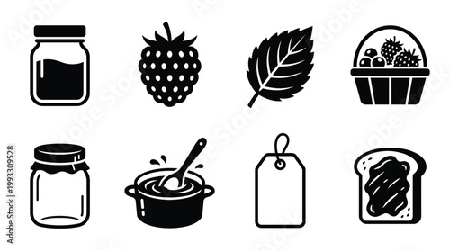 Collection of sweet fruit jam and berry vector icons: jars, raspberries, basket, cooking pot, toast, leaf, and label. Ideal for food blogs, recipes, and packaging.