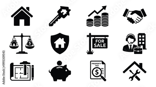 Comprehensive set of vector icons for real estate, housing, finance, and property services. Perfect for web, app, and presentation designs.