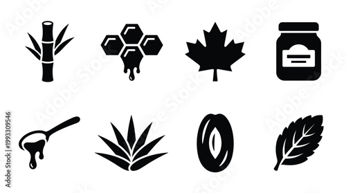 A collection of black silhouette vector icons featuring natural sweeteners like honey, maple, agave, and various plant elements. Ideal for food, health, and natural product branding.