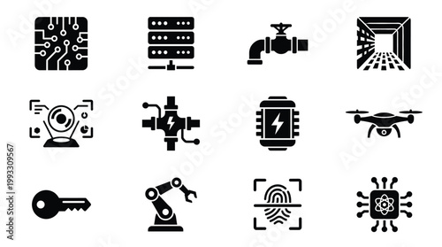 Vector icon set featuring technology, industry, and security concepts like AI, IoT, automation, energy, and digital privacy. Ideal for web and app designs.