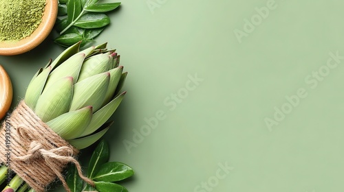 Natural element photography, fresh green lotus buds clustered against a vibrant plain green backdrop. 