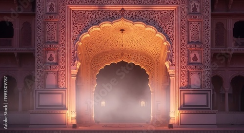 Ornate Indian palace archway glowing with soft rose pink and gold