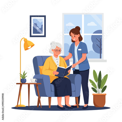 Caregiver assisting elderly woman reading a book in a cozy room