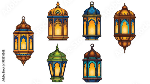 Vibrant collection of traditional moroccan lanterns in various colors and designs Vector