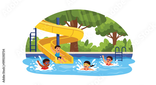 Flat style vector illustration of kids swimming in pool with splashes, summer activity and water sport concept promoting healthy and active lifestyle