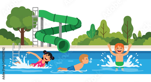 Flat style vector illustration of kids swimming in pool with splashes, summer activity and water sport concept promoting healthy and active lifestyle