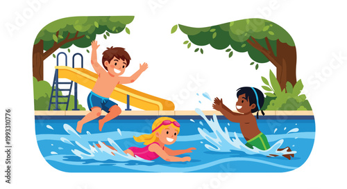 Flat style vector illustration of kids swimming in pool with splashes, summer activity and water sport concept promoting healthy and active lifestyle