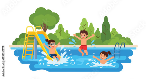 Flat style vector illustration of kids swimming in pool with splashes, summer activity and water sport concept promoting healthy and active lifestyle