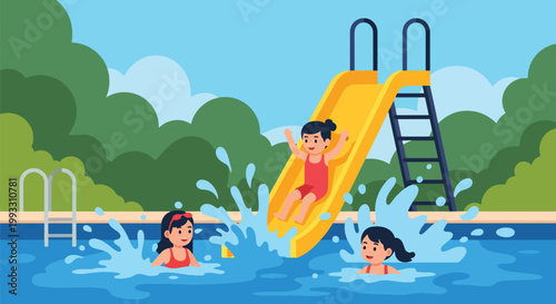 Flat style vector illustration of kids swimming in pool with splashes, summer activity and water sport concept promoting healthy and active lifestyle