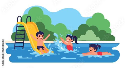 Flat style vector illustration of kids swimming in pool with splashes, summer activity and water sport concept promoting healthy and active lifestyle