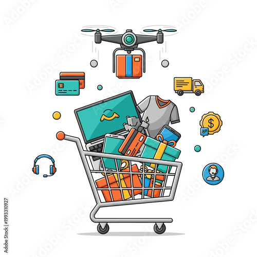 Online shopping and fast drone delivery service concept illustration