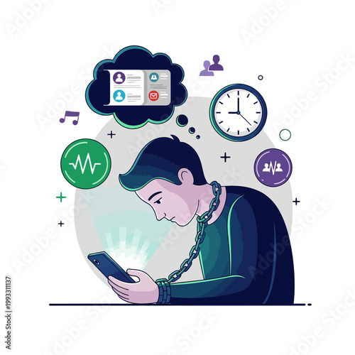 Man chained to smartphone representing social media addiction vector