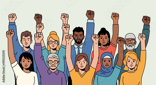 Diverse group of people celebrate Juneteenth Day with raised fists in unity.