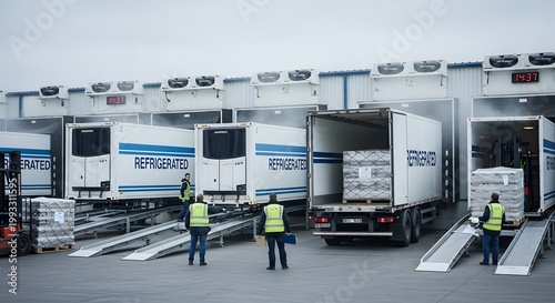 Loading bay for refrigerated cargo with metal ramps and sealed containers in a logistics and supply chain scene