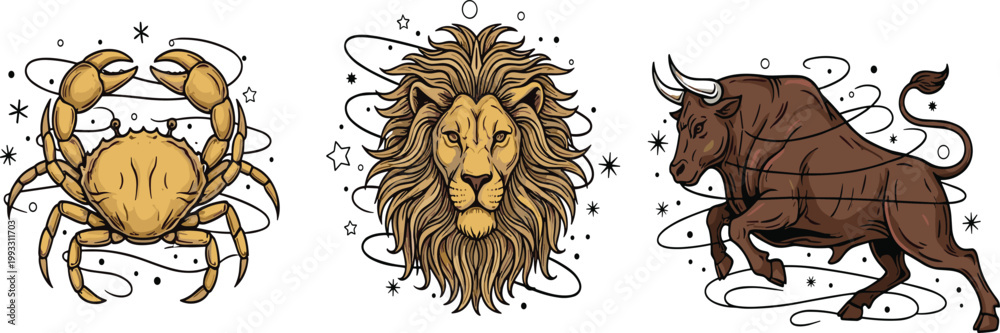 Obraz premium Zodiac Signs Illustration Featuring Cancer Leo and Taurus with Detailed Astrology Symbols and Celestial Elements.